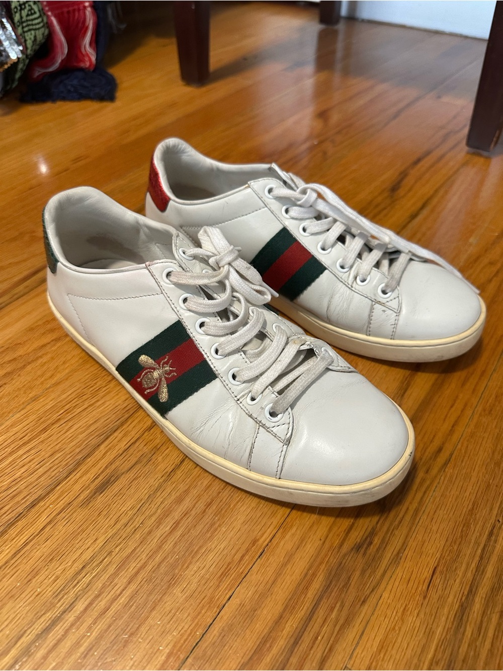 Gucci Ace Bee Leather Sneakers White Web Stripe Size 37.5 Fits US 8